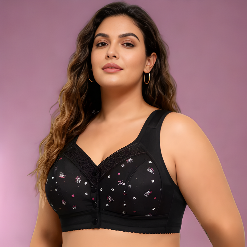 Sutiã Feminino Roupa Interior Plus Size Lingerie Puro Algodão Sem Fio Linha Frontal Botões De Renda Impressão De Borda