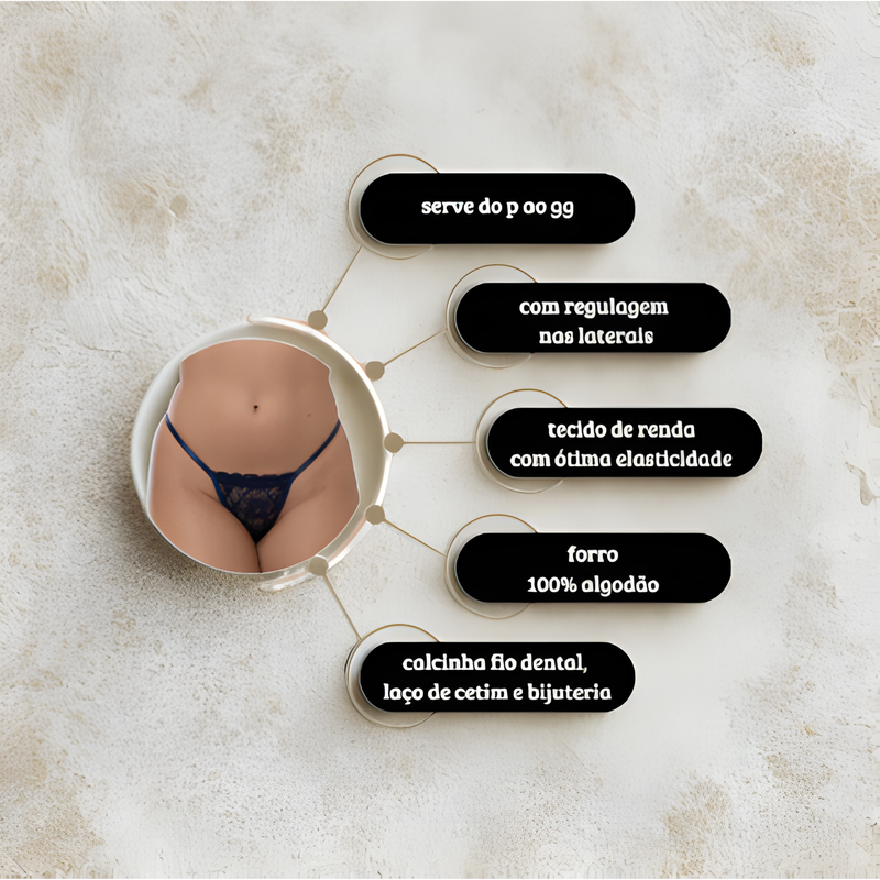 Calcinha Fio Dental Sexy Renda Tanga Alça Fina String Regulagem Kamila Veste P M G GG