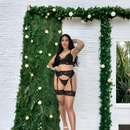 Lingerie Conjunto Luxo Sensual Trio Renda Cinta Liga Sexy Erótica + perneira + calcinha fio dental - P ao Plus Size