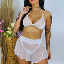 Conjunto Sexy Lingerie Feminino Sensual Fantasia Trio Saia Tule Sutiã com Renda com Calcinha Fio Dental