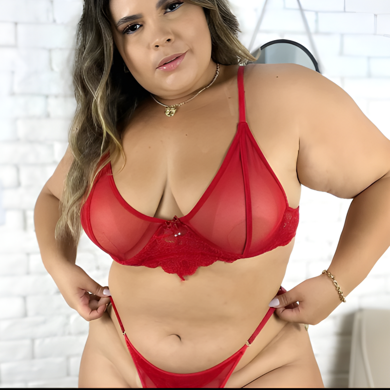Lingerie Plus Size de Tule transparente Com aro Conjunto Calcinha fio dental Plus Size Sexy e Sutiã