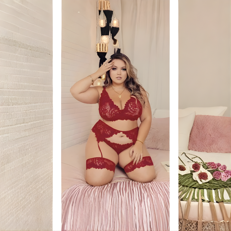 Conjunto Plus Size Lingerie Sexy em Renda com Cinta Liga