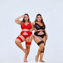 Conjunto Plus Size Lingerie Sexy em Renda com Cinta Liga