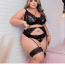 Conjunto Plus Size Lingerie Sexy em Renda com Cinta Liga